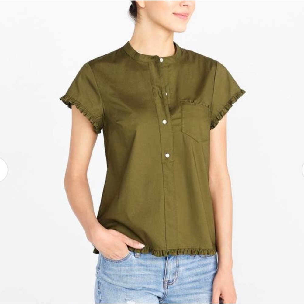J. Crew Factory Green Ruffle Trim Short-Sleeve Top. Size M